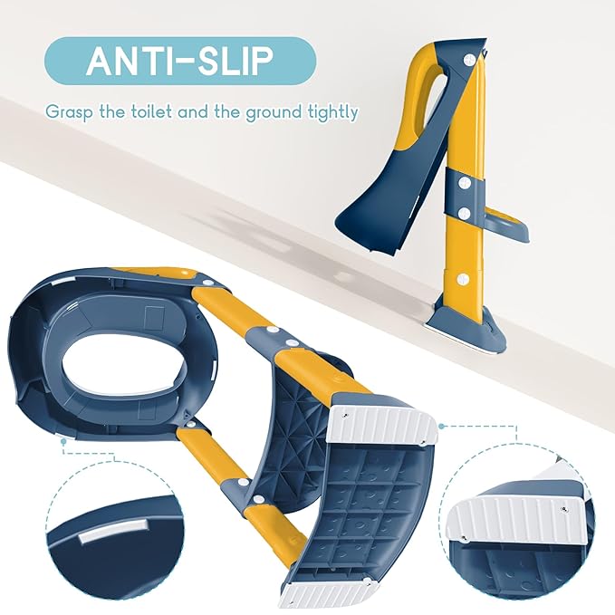 COOSEYA Potty Training Toilet with Step Stool Ladder, Toddler Kids Potty Training Seat for Boys Girls, Foldable Anti-Slip Toilet Toddler Seat Splash Guard Soft Cushion Safety Handles (Blue Yellow)