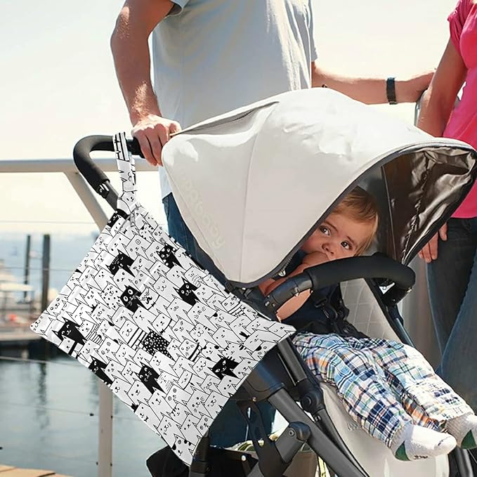 visesunny Funny Black and White Cat Animal 2Pcs Wet Bag with Zippered Pockets Washable Reusable Roomy Diaper Bag for Travel,Beach,Daycare,Stroller,Diapers,Dirty Gym Clothes,Wet Swimsuits,Toiletries