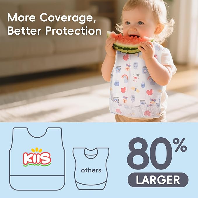KIIS Disposable Baby Bibs, Waterproof Smock Bibs, Full Coverage for Toddlers & Kids, Mess-Free Feeding for Travel & Daycare