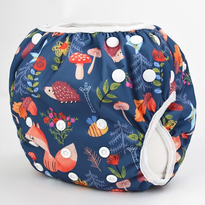 Baby Swim Diaper Nappy Pants Reusable Adjustable 0-3 Years Old Toddler Small Large (Large, Foxes Hedgehogs)