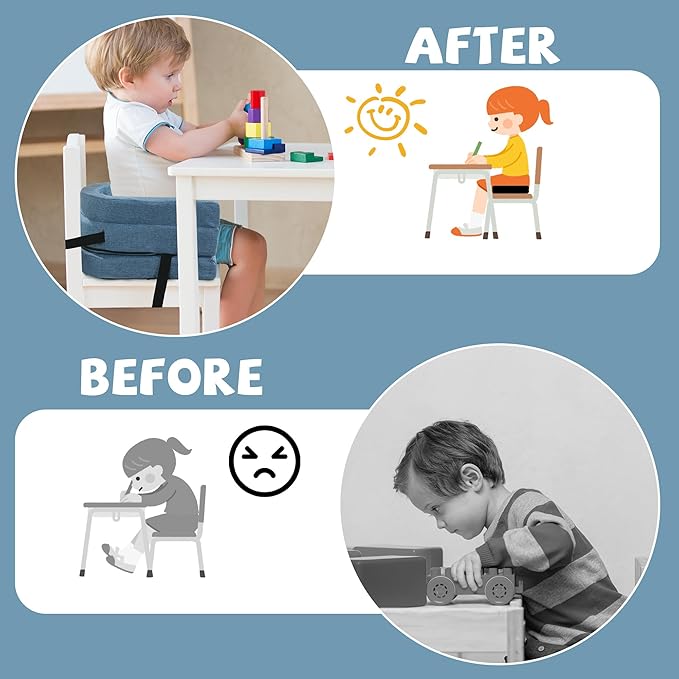 ROYALAY Toddler Booster Seat for Dining Table, Adjustable Height Booster Seat Pad for Kids Chair, 5.3inch Portable Booster Cushion with Straps, Travel Booster Seats for Baby Child Boys Girls(Blue)