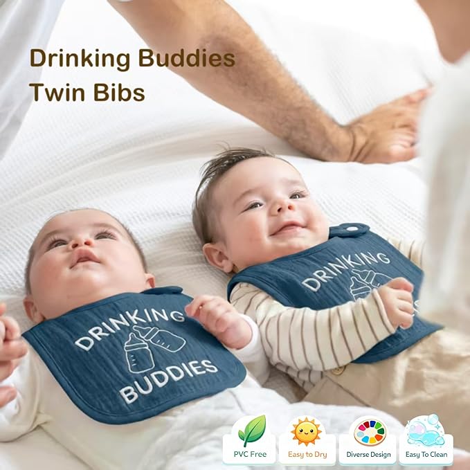 Twin Bibs – Ultra-Soft Cotton Yarn Twin Baby Bibs - 'Drinking Buddies' Design, High Absorbency, Perfect Infant Gift