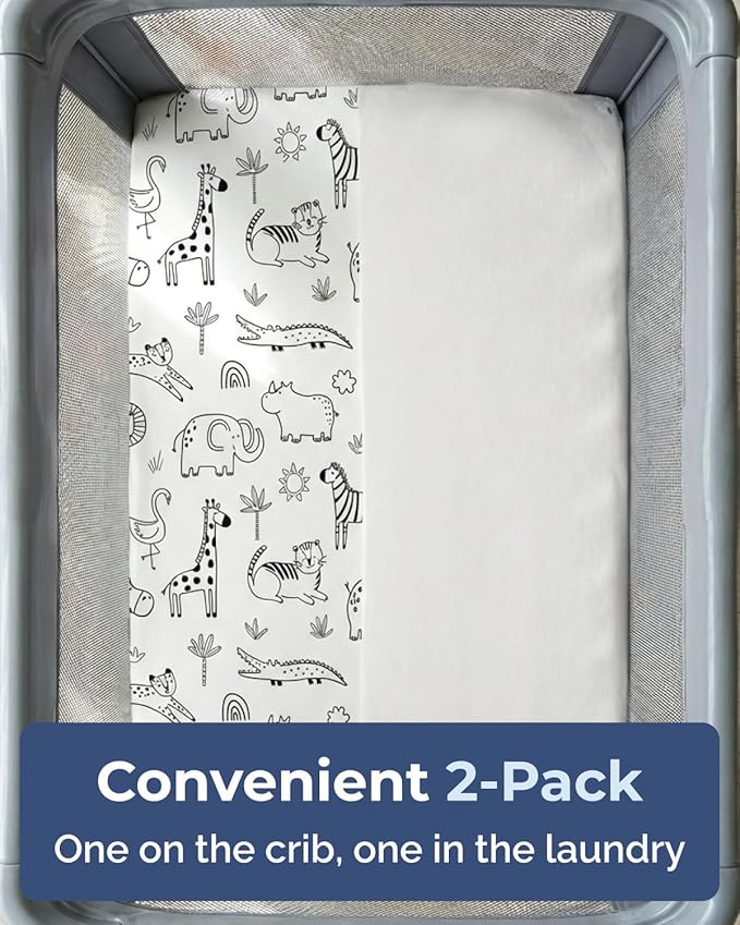 Pack and Play Sheets Fitted - 2 Pack Mini Crib Sheets for Pack N Play Mattress - Unisex Playard Microfiber Bedding for Boys & Girls - Soft, Breathable & Wrinkle Free - Oeko-Tex, 38 x 26in - Zoo Sketch