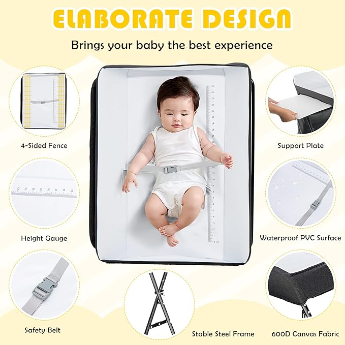 Costzon Baby Changing Table, Adjustable Height Portable Diaper Station w/Lockable Wheels, Safety Belt, Large Storage Rack & Bag, Folding Nursery Station for Infant Newborn (Black)