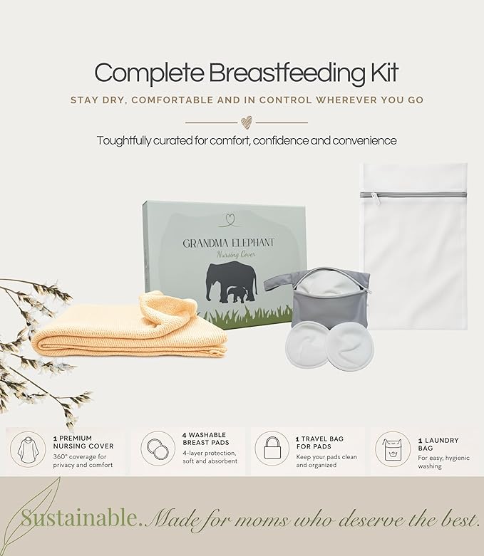 Set Premium Breast Feeding Covers for Women of All Body Types: Ultra Soft Stylish and Breathable Nursing Cover up for Breastfeeding + 4 Reusable Breast Pads for Nursing Comfort (Sand Dune)