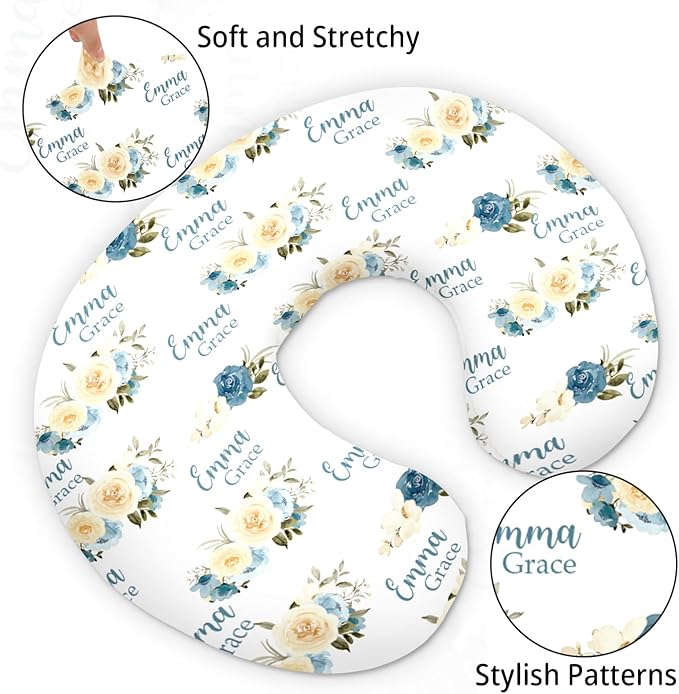 Customizable Flowers Baby Nursing Pillow Cover - Add Your Baby's Name, Ultra-Soft Stretch Fabric, Fits Standard Nursing Pillows, Ideal for Baby Showers Style 15