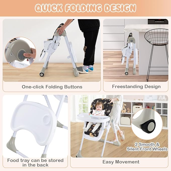 HONEY JOY Baby High Chair, Foldable Highchair for Babies and Toddlers, Adjustable Heights, Recline Backrest & Footrest, Detachable Tray & PU Seat, Portable Highchairs with Wheels (Leaf Black)