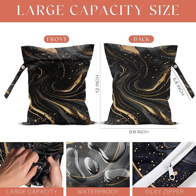 4 Pack Gold Black Marble Wet Bag Waterproof Washable Reusable Wet Dry Bag for Swimsuit Clothes Cloth Diaper Travel Beach Pool Gym Toiletries Gift for Women Mom Friend Birthday Christmas Housewarming