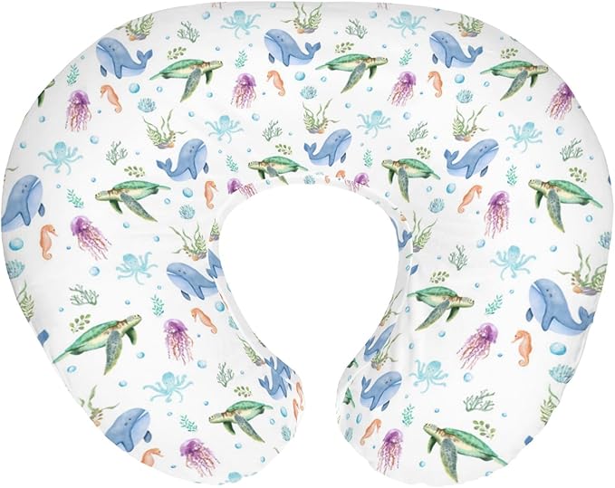 Boho Sea Animals Baby Nursing Pillow Covers for Boy Girl Sea Horse Turtle Whale Jellyfish Coral Nursing Pillow Slipcovers for Breastfeeding Pillows Soft Stretchy Removable Covers for Newborn Infant