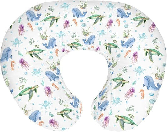 Boho Sea Animals Baby Nursing Pillow Covers for Boy Girl Sea Horse Turtle Whale Jellyfish Coral Nursing Pillow Slipcovers for Breastfeeding Pillows Soft Stretchy Removable Covers for Newborn Infant