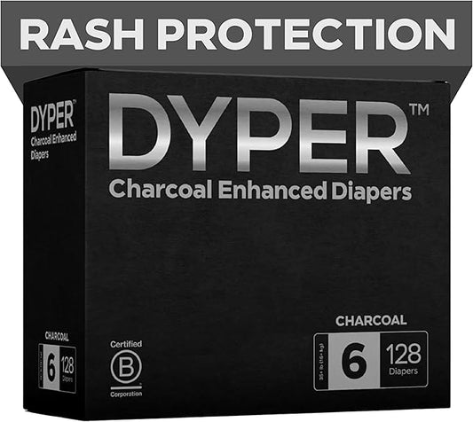 DYPER - Charcoal Enhanced Day & Overnight Disposable Baby Diapers - Made with Plant-Based* & Skin-Friendly Ingredients, Hypoallergenic for Sensitive Skin - Size 6, (128 Count)