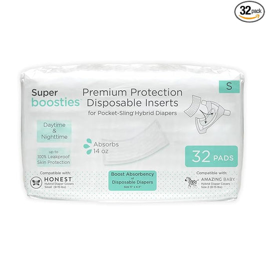 Overnight Diaper Leak Stopper, Super Boosties Disposable Inserts, Use with Pampers Sizes 2-6, Honest Hybrid Diaper Cover Sz Small, Amazing Baby Cover Sz 2, Pocket-Sling Compatible, 4.3x11 in, 32 count