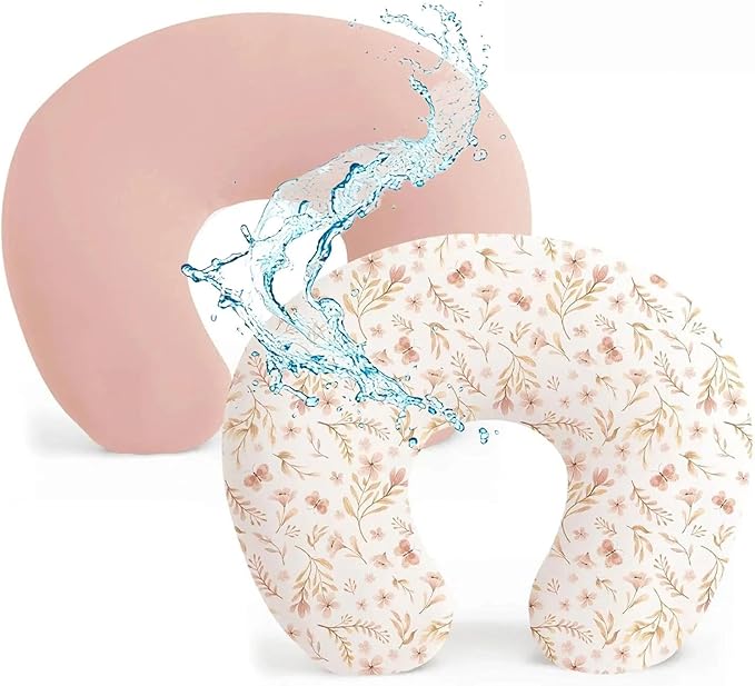 Baby Waterproof Nursing Pillow Cover, Stretchy Nursing Covers for Breastfeeding Pillows, Adorable Infant Feeding Pillow Slipcover for Baby Boy and Girls (Pink + Pink Flowers)