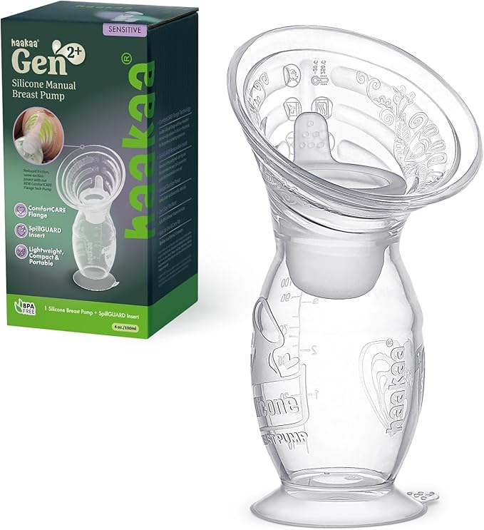 haakaa Gen.2 Plus Upgraded Manual Breast Pump, 4oz/100ml Multi-Ring ComfortCARE Sensitive Silicone Breast Pump with Spill-Guard Insert Set, Patent-Pending Design for Nursing Moms During Lactation