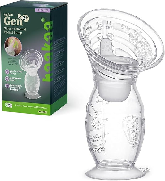 haakaa Gen.2 Plus Upgraded Manual Breast Pump, 4oz/100ml Multi-Ring ComfortCARE Sensitive Silicone Breast Pump with Spill-Guard Insert Set, Patent-Pending Design for Nursing Moms During Lactation
