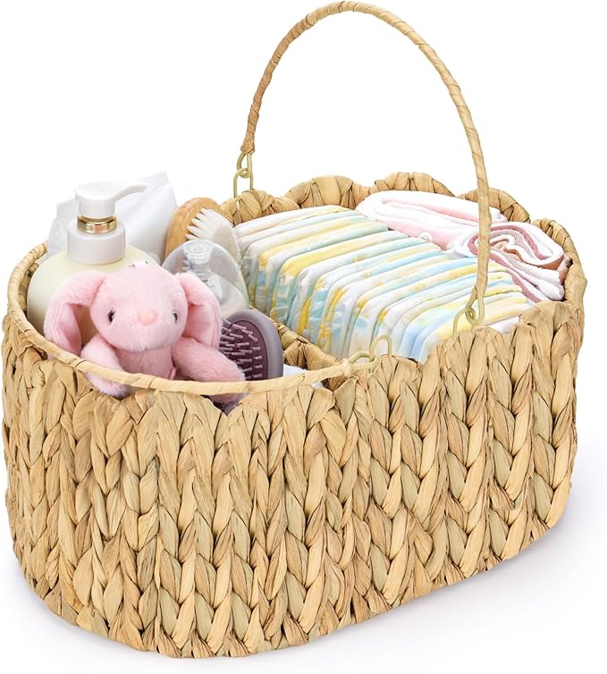 Large Baby Diaper Caddy Organizer, Portable Wicker Water Hyacinth Storage Basket with Handles and Divided Sections, Nursery Tray for Diapers Baby Essentials, Baby Shower Gifts
