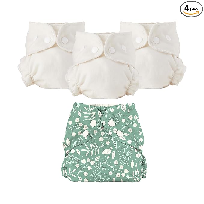 Esembly Cloth Diaper Bundle Set - 3 Organic Cotton Absorbent Inners and 1 Waterproof Outer Diaper Cover - Reusable, Washable, Snap Closure Cloth Diapers - Size 2 (18-35lbs), Botany