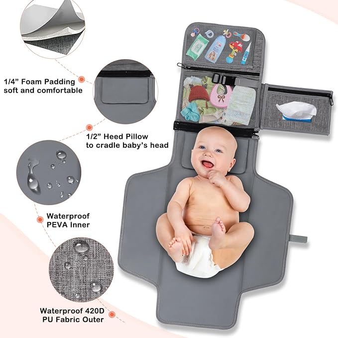 Portable Diaper Changing Pad, Newborn Diaper Changing Pad Baby Changing Pad with Smart Wipes Pocket Waterproof Travel Changing Kit for Girl Boy Baby Shower Gifts (Grey)