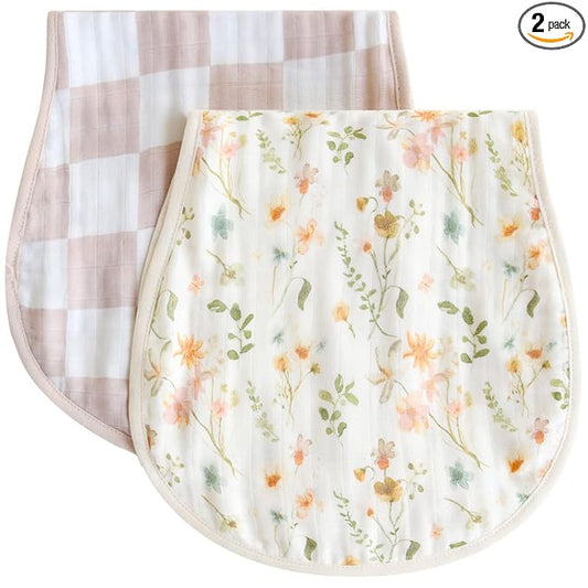 LifeTree Muslin Baby Burp Cloths - Soft 2 Pack Viscose Bamboo Cotton Large 22'' by 10'' Absorbent Milk Spit Up Rags - Burping Cloths for Newborn, Girls Boy (Floral & Checkerboard)