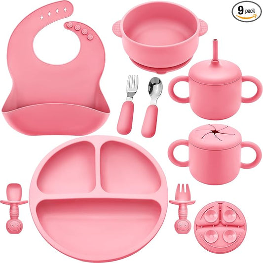 Bufims Silicone Baby Feeding Set, Baby Led Weaning Supplies, Eating Essentials Utensils with Suction Plate and Bowl, Pocket Bib, Sippy Cup with Lid, Forks Spoons Snack Container, for 6+ Months, Pink