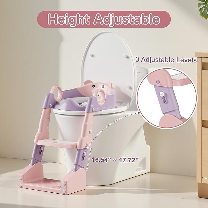 Potty Training Seat,Toddler Toilet Seat for Boys Girls,3-in-1 Potty Training Toilet and Chair with Step Stool Ladder,Anti-Slip Height Adjustable Foldable Splash Guard for Kids (Purple Pink)