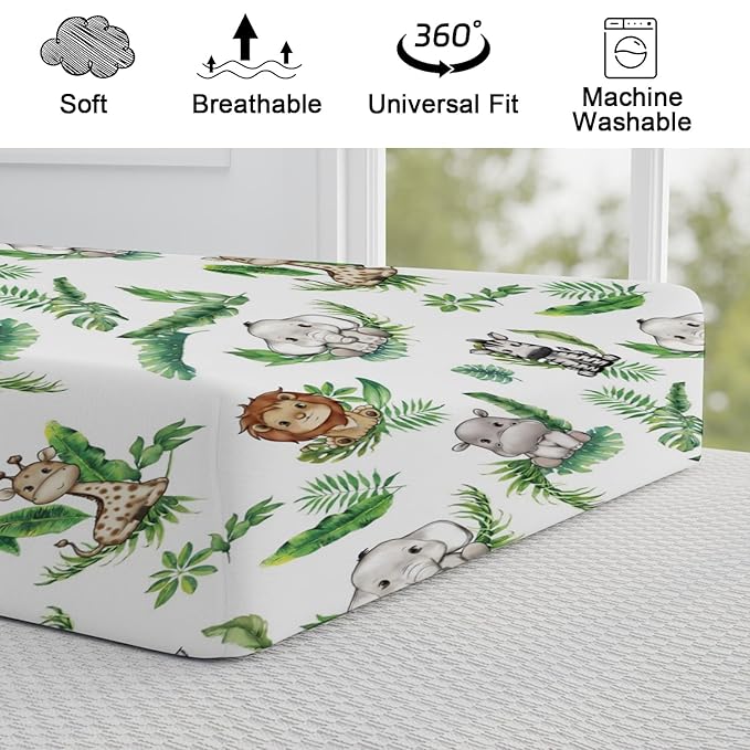 Baby Safari Animals Tropical Palm Leaves Changing Pad Covers Lion Elephant Giraffe Zebra Hippo Diaper Change Table Pad Covers for Girl Boy Soft Breathable Stretch Changing Mat Sheets 32''x16''