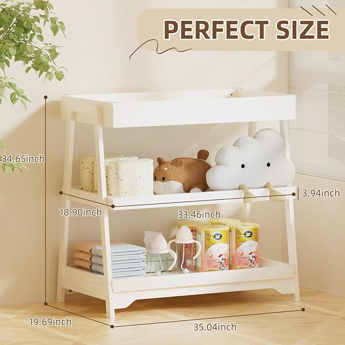 KORIMEFA Baby Changing Table with Two Open Shelves for Infant Daycare Essentials Storage - White with White Legs