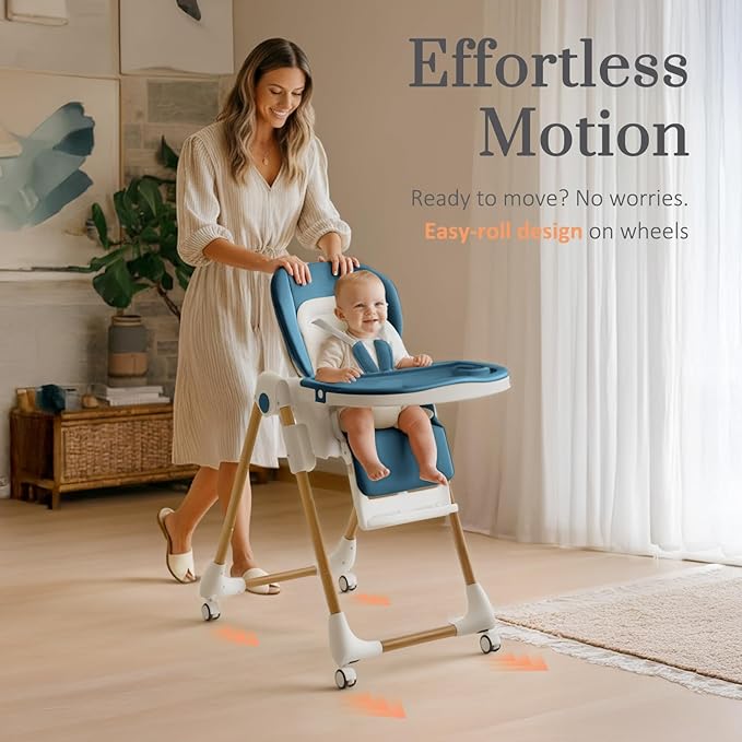 Foldable High Chairs for Babies and Toddlers, 3-in-1 Convertible Baby High Chair with Removable Soft Cushion and Tray, Adjustable Height & Recline, Lockable Wheels, Dark Blue