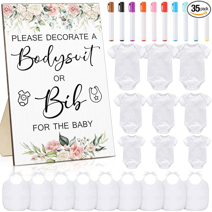 Roowest 35 Pcs Baby Shower Bibs Games Design Wooden Baby Shower Party Game Sign DIY Bodysuit Sign 15 White Blank Bibs 9 Bodysuit 10 Markers for Party Supplies(Flower)