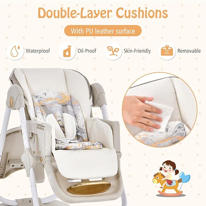 HOMGX Portable High Chair, Foldable Baby Feeding Chair with Adjustable Footrest & Backrest, Large Dishwasher-Safe Double Tray, Toddler Highchair for 6-36 Months, Grey