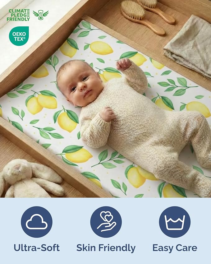 Changing Pad Cover - Pack of 2 Soft Unisex Diaper Change Microfiber Table Sheets - Fits 32"x16" Contoured Pad - Changing Pad Cover for Baby Boys and Girls - Snug, Machine Washable - Oeko-Tex, Lemons