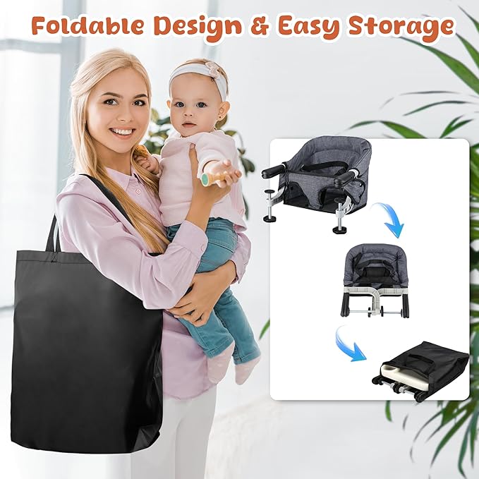 Hook On High Chair with Detachable Tray, Portable Foldable Clip On Baby Travel High Chair, Lightweight Feeding Seat with Storage Bag, BPA-Free Safety Harness for Home Restaurant (Grey)