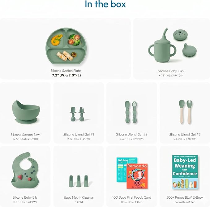 Remonda 17-Piece BPA-Free Baby Silicone Feeding Set | Extra Large Suction Plates, Toddler Bowls, Self Feeding Spoons, and More | Dishwasher Safe| Infant Led Weaning Supplies（Green）
