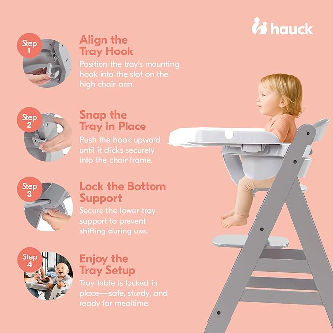 hauck Alpha Removable Non Slip High Chair Table Tray with Adjustable Depth, Compatible with Wooden Grow-Along Alpha+ and Beta+, Accessory Only, White