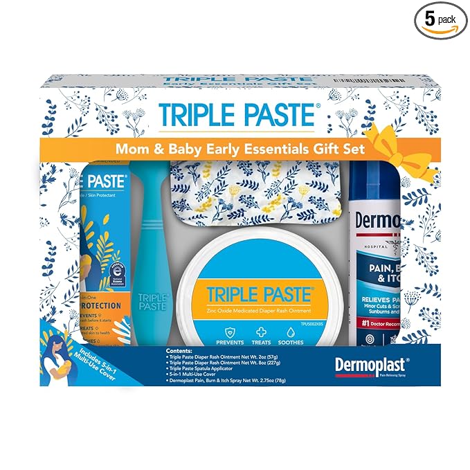 Triple Paste Mom & Baby Gift Set, New Baby Essentials Kit, 5-Piece—Diaper Rash Ointment 8oz Jar & 2oz Tube, Spatula Applicator, Dermoplast Spray, Multi-Use Cover, Mom Postpartum Essentials