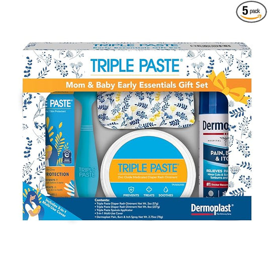 Triple Paste Mom & Baby Gift Set, New Baby Essentials Kit, 5-Piece—Diaper Rash Ointment 8oz Jar & 2oz Tube, Spatula Applicator, Dermoplast Spray, Multi-Use Cover, Mom Postpartum Essentials