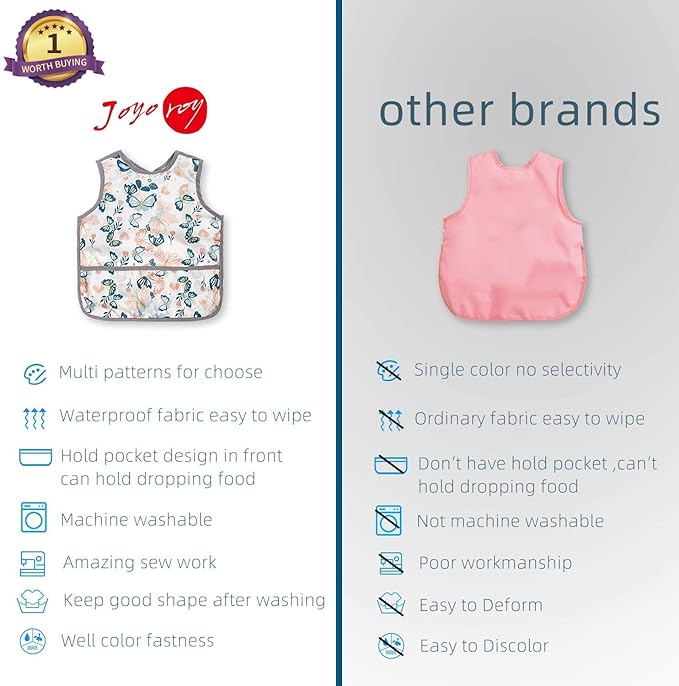 Joyo roy Mess Proof Baby Bibs for Eating Waterproof Toddler Bibs 1-3 Years Soft Machine Washable Sleeveless Baby Smock Bib for Girls Travel Reusable Led Weaning Apron for Feeding Bib with Food Catcher