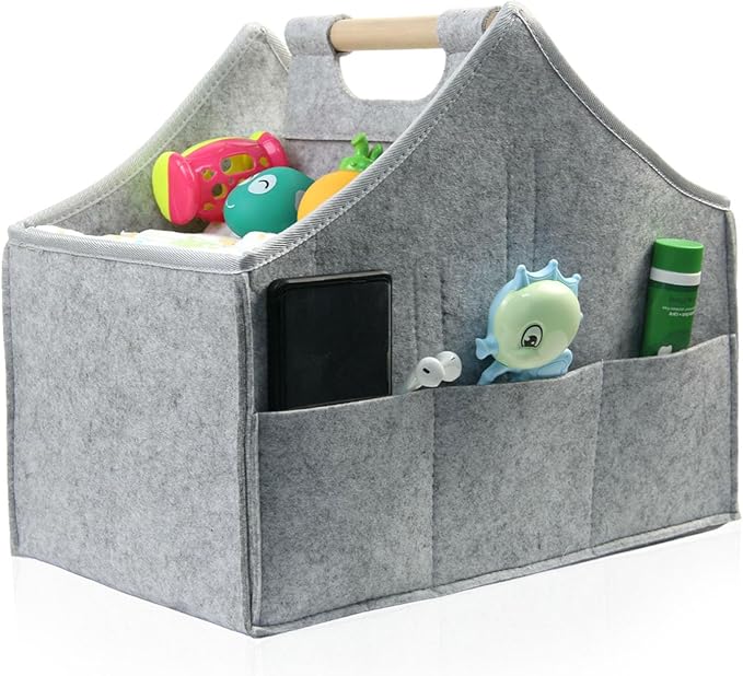 Baby diaper caddy organizer, car felt caddy, baby product storage basket, solid wood handle, detachable partition storage basket for daycare,Best Gift Basket for Babies (grey)