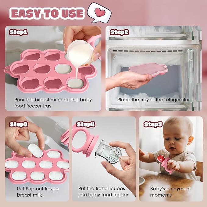 Baby Food Feeder Set, 2 Packs Fruit Feeder & Breastmilk Popsicle Molds Freezer Tray with Lid, Silicone Fruit Feeder to Teething Relief, Introduce New Foods, Baby Feeding Essentials(Red+Beige)