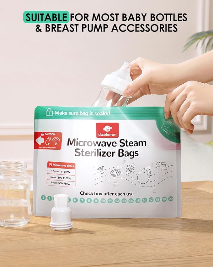 dearlomum Microwave Steam Sterilizer Bag for Baby Bottles 8 Count (20 Uses Per Bag), Reusable Travel Sterilization Pouches, Disinfection Container for Baby Pacifiers and Breast Pump Accessories