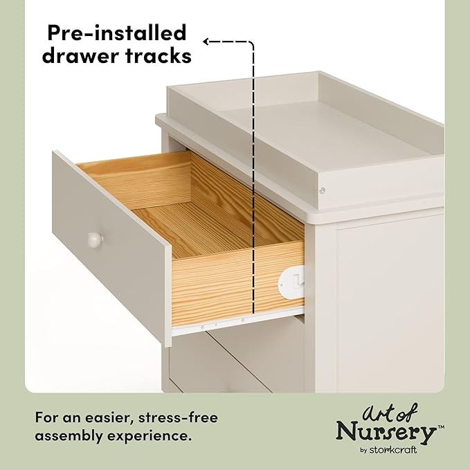 Storkcraft Rio 3 Drawer Chest with Changing Topper (Frosted Oat) – GREENGUARD Gold Certified, Premium Wood Dresser for Baby & Kids Bedroom, Safety Interlocking Drawers, Pre-Installed Tracks
