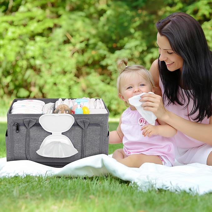 Volnamal Diaper Caddy with Wipe Dispenser One-Handed Access, Premium Diaper Organizer, Portable Car Organizer Nursery Basket for Newborn Essentials, Baby Registry Must Haves for Boys & Girls,Grey