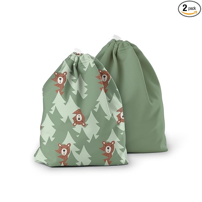 Esembly Ditty Bag Duo - Reusable Waterproof Wet Bags for Cloth Diapers, Swimsuits, Toiletries, and Snacks, Set of 2 - Peek-a-Bear and Aloe