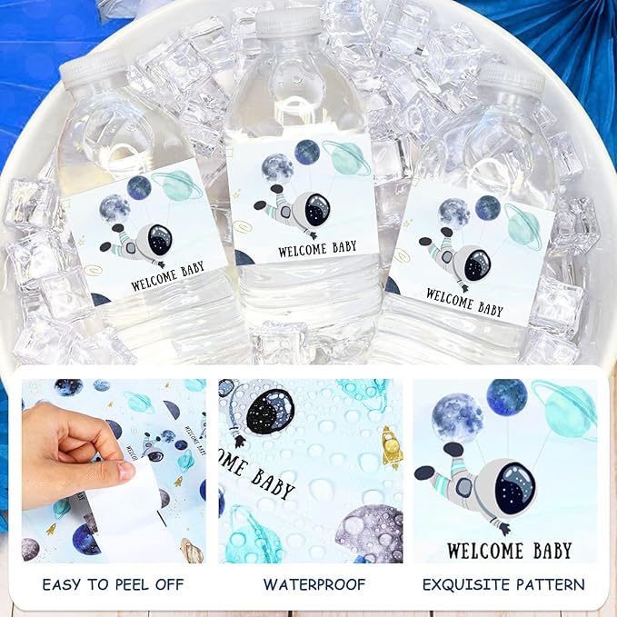 28Pcs Outer Space Baby Shower Water Bottle Labels, Solar System Welcome Baby Water Bottle Wrappers for Gender Reveal Decor - Personalized Astronaut Label Supplies