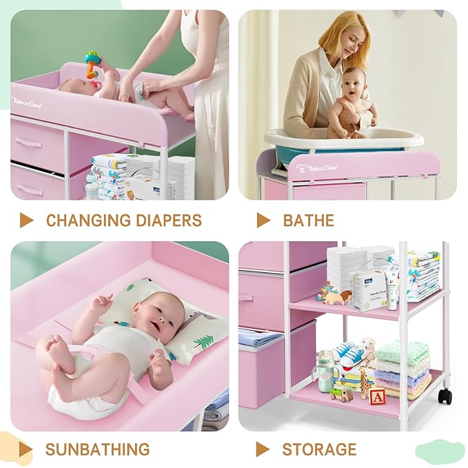 Baby Changing Table, Portable Changing Table, Diaper Changing Station with Waterproof Pad, Changing Table Dresser with 3 Storage Baskets, Mobile Nursery Organizer for Newborn Essentials