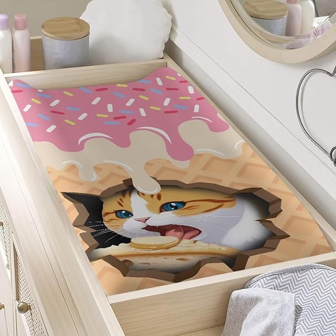 Cat Ice-Cream Changing Table Cover Breathable Stretchy Nursery Pad Change Cover Soft Changing Pad Cover for Boys Girls Fit 32"x16" Contoured Pad
