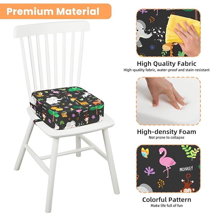 Toddler Booster Seat for Dining Table Kitchen Chair, Kids Booster Seat with Non-Slip Bottom and Adjustable Straps, 4" Detachable Washable Portable Travel Increasing Cushion (Jungle Animals)