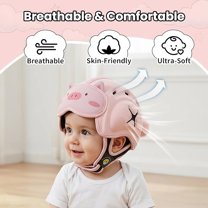 Baby Head Protector Baby Helmet for Crawling and Walking - No Bumps and Soft Safety Peak - Ultra Light and Adjustable Baby Head Protector Suitable for Babies 6-24 Months-Pink Piggy