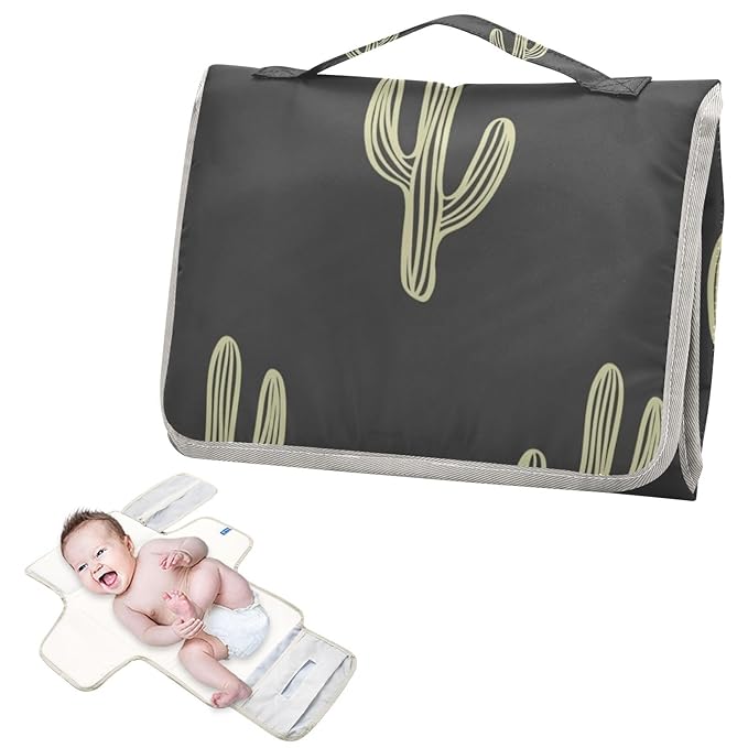 Black Cactus Portable Diaper Changing Pad - Waterproof Foldable Baby Diaper Changing Pad with Built-in Pillow, Travel Diaper Changing Mat for Newborn Baby