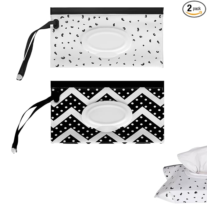 2PCS Portable Wet Wipes Bag, EVA Travel Wet Wipes Dispenser Pouch for Outdoor, Travel and Daily Use (Wave & Feather Designs)